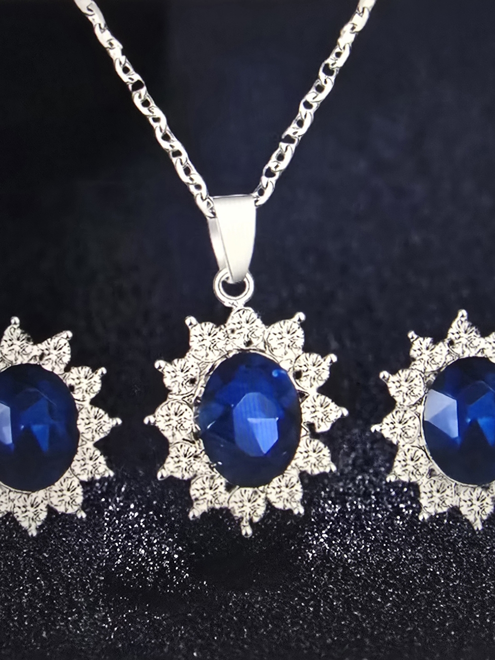 Elegant Silver Necklace and Earrings Set with Deep Blue Gemstones